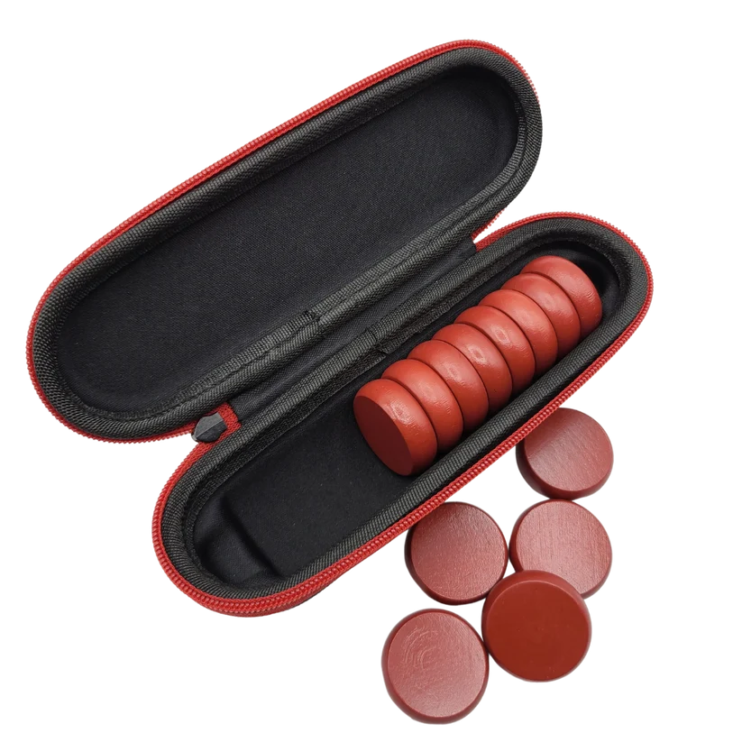 Crokinole 13 Burgundy Premium Glazed Wooden Discs with Hard Carry Case