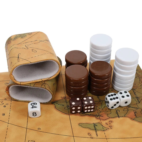 Tan Map Style Leatherette Backgammon Set, 14.75 x 9.75 in.
