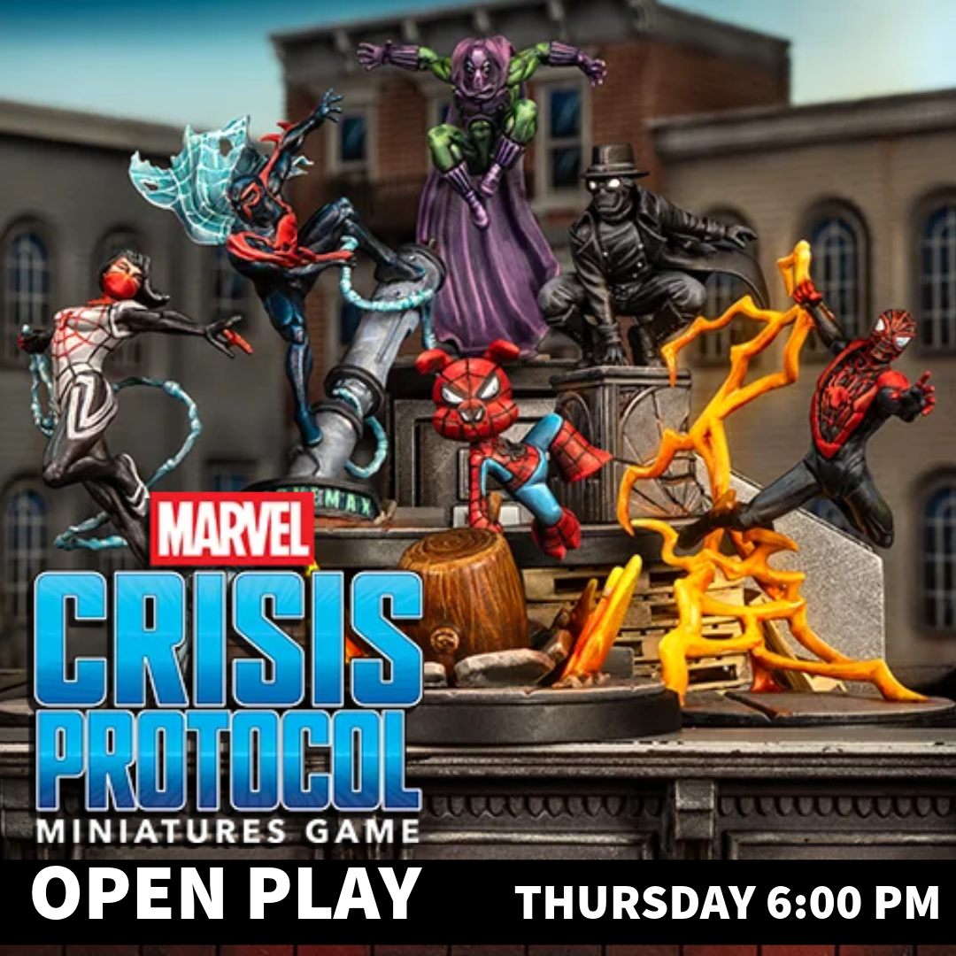Promotional graphic for Marvel Crisis Protocol Miniatures Game, showing several Spider-Man-themed miniatures posed on a rooftop with a city building in the background. Large text reads 'Marvel Crisis Protocol Miniatures Game,' 'Open Play,' and 'Thursday 6:00 PM.