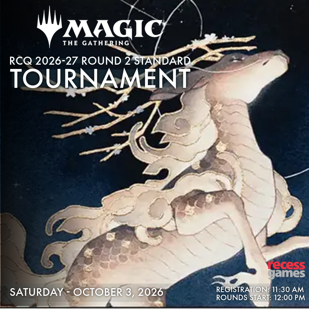 Promotional graphic for the Magic: The Gathering RCQ 2026-2027 Round 2 Standard Tournament, featuring a stylized illustration of a pale dragon on a dark navy background with the Magic logo and event text.