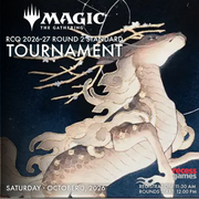 Promotional graphic for the Magic: The Gathering RCQ 2026-2027 Round 2 Standard Tournament, featuring a stylized illustration of a pale dragon on a dark navy background with the Magic logo and event text.