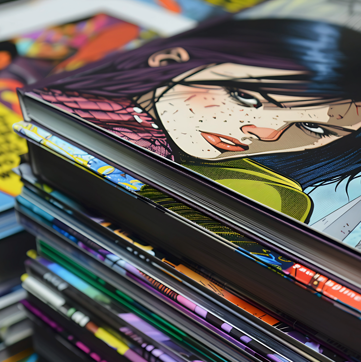 A close-up stack of illustrated comic books or graphic novel volumes, with the top book showing a stylized portrait of a woman with dark hair and a pink top.