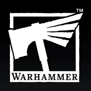 White Warhammer logo graphic on a black background, featuring a stylized axe emblem and the word 'WARHAMMER' with a small TM mark.