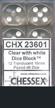 Translucent 16mm d6 Clear/white Dice BlockÃ¢â€žÂ¢ (12 dice)
