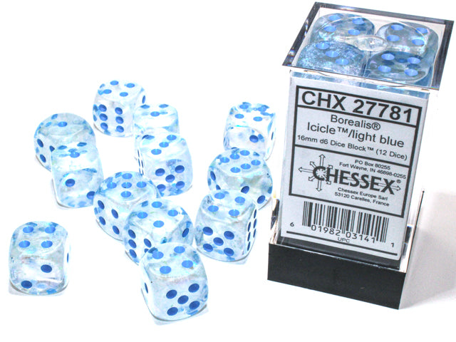 BorealisÃ‚Â® 16mm d6 IcicleÃ¢â€žÂ¢/light blue LuminaryÃ¢â€žÂ¢ Dice BlockÃ¢â€žÂ¢ (12 dice)