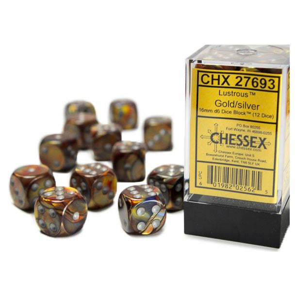 LustrousÂ® 16mm d6 Gold/silver Dice Block (12 dice)