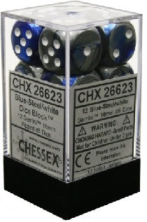 GeminiÃ‚Â® 16mm d6 Blue-Steel/white Dice BlockÃ¢â€žÂ¢ (12 dice)