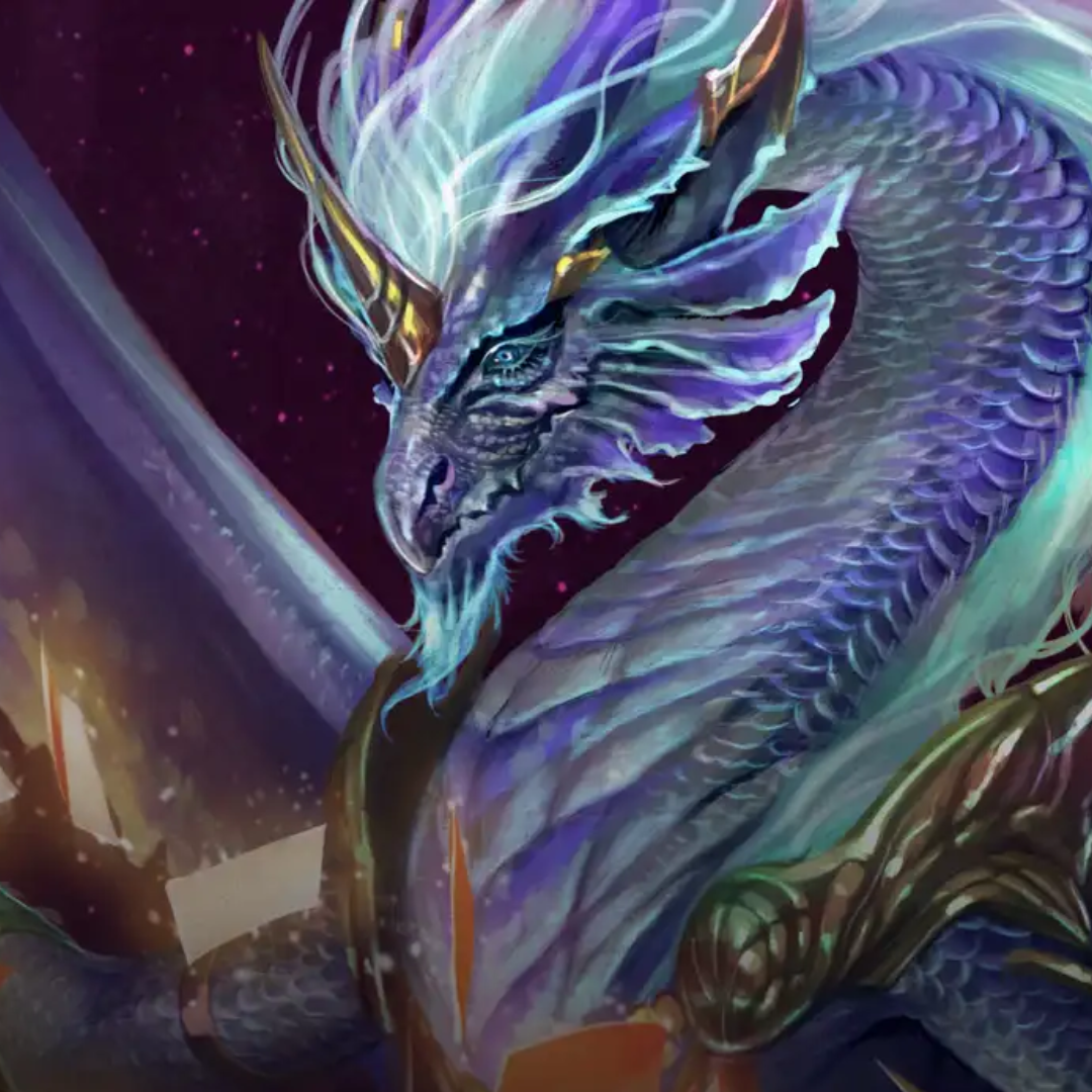Fantasy dragon artwork showing a close-up of a purple and blue dragon with glowing teal highlights, gold accents, and a dark starry background.