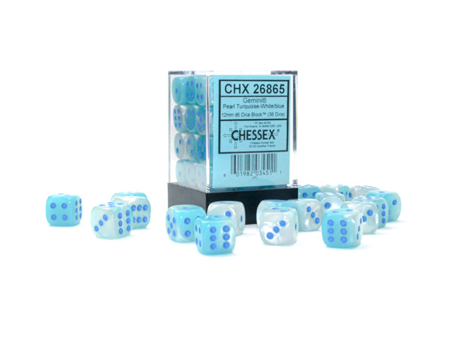 GeminiÃ‚Â® 12mm d6 Pearl Turquoise-White/blue LuminaryÃ¢â€žÂ¢ Dice BlockÃ¢â€žÂ¢ (36 dice)