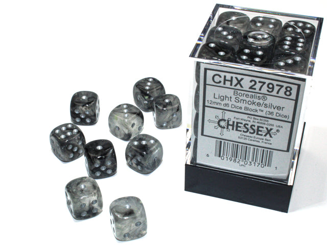 BorealisÃ‚Â® 12mm d6 Light Smoke/silver LuminaryÃ¢â€žÂ¢ Dice BlockÃ¢â€žÂ¢ (36 dice)