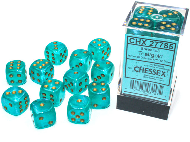 BorealisÃ‚Â® 16mm d6 Teal/gold LuminaryÃ¢â€žÂ¢ Dice BlockÃ¢â€žÂ¢ (12 dice)