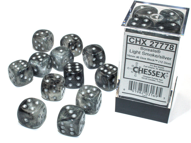 BorealisÃ‚Â® 16mm d6 Light Smoke/silver LuminaryÃ¢â€žÂ¢ Dice BlockÃ¢â€žÂ¢ (12 dice)