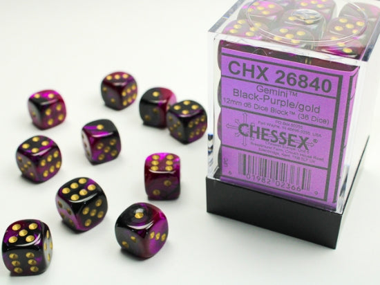 GeminiÃ‚Â® 12mm d6 Black-Purple/gold Dice Block (36 dice)