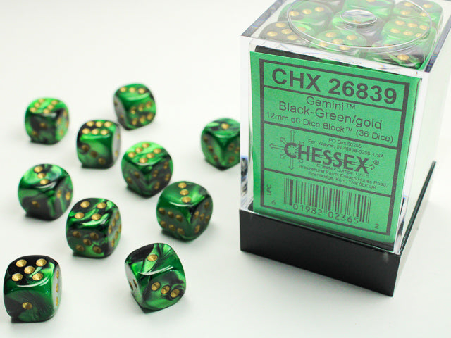 GeminiÃ‚Â® 12mm d6 Black-Green/gold Dice BlockÃ¢â€žÂ¢ (36 dice)