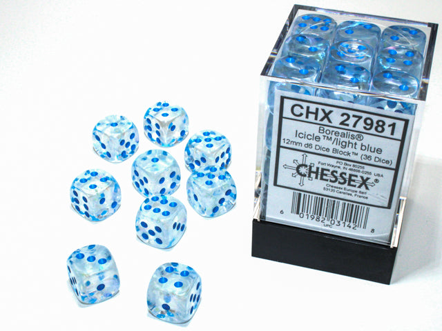 BorealisÃ‚Â® 12mm d6 IcicleÃ¢â€žÂ¢/light blue LuminaryÃ¢â€žÂ¢ Dice BlockÃ¢â€žÂ¢ (36 dice)