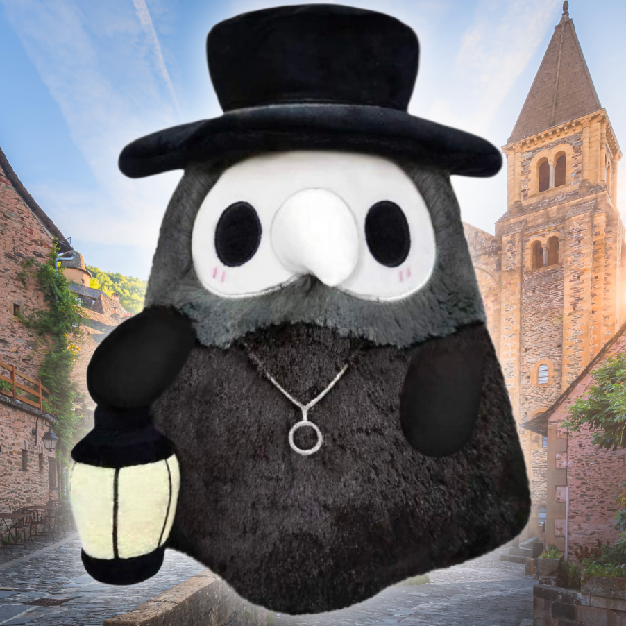 A plush toy character with a black top hat, black-and-white face, dark gray fuzzy body, and a silver ring necklace, floating over a cobblestone street scene with old buildings and a church tower.