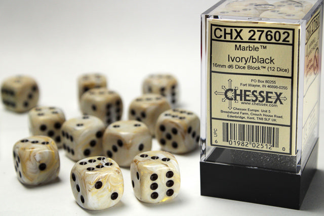 Marble 16mm d6 Ivory/black Dice BlockÃ¢â€žÂ¢ (12 dice)