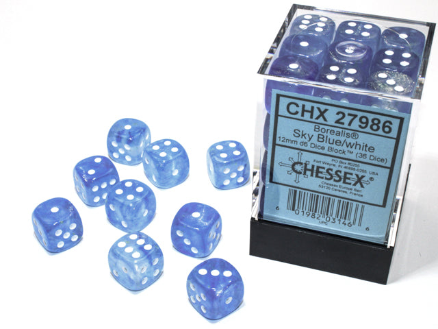 BorealisÃ‚Â® 12mm d6 Sky Blue/white LuminaryÃ¢â€žÂ¢ Dice BlockÃ¢â€žÂ¢ (36 dice)