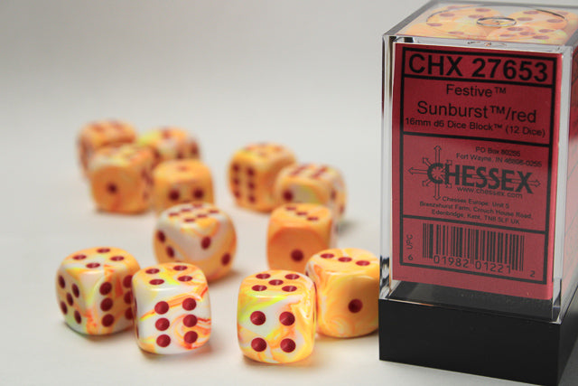 FestiveÃ‚Â® 16mm d6 w/pips SunburstÃ¢â€žÂ¢ w/red Dice BlockÃ¢â€žÂ¢ (12 dice)