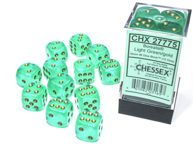 BorealisÃ‚Â® 16mm d6 Light Green/gold LuminaryÃ¢â€žÂ¢ Dice BlockÃ¢â€žÂ¢ (12 dice)