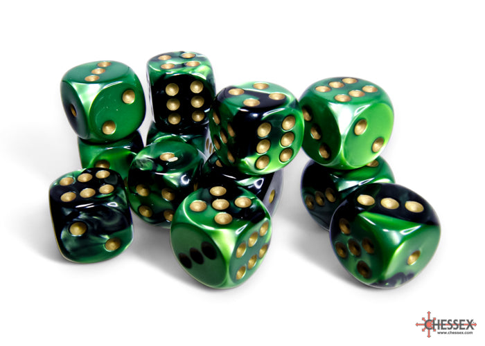 GeminiÃ‚Â® 16mm d6 Black-Green/gold Dice BlockÃ¢â€žÂ¢ (12 dice)