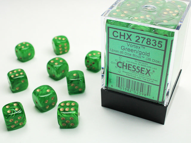 VortexÃ‚Â® 12mm d6 Green/gold Dice BlockÃ¢â€žÂ¢ (36 dice)