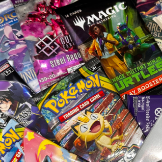 A dense, overlapping collection of various trading card booster packs and art cards from brands like Magic: The Gathering, Pokémon, and Spider-Man, filling the entire frame.
