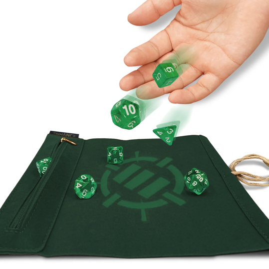 AP Enhance Tabletop Roll on Scroll Dice Case and 7pc Dice set Green
