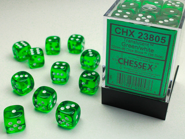 Translucent 12mm d6 Green/white Dice BlockÃ¢â€žÂ¢ (36 dice)