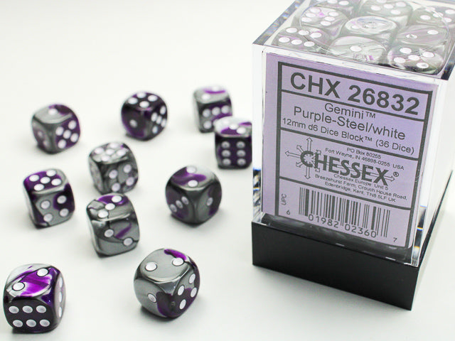 GeminiÃ‚Â® 12mm d6 Purple-Steel/white Dice Block (36 dice)