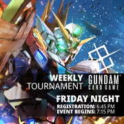 Promotional graphic for a Weekly Gundam Card Game Friday Night Tournament, featuring a Gundam mecha robot against a starry blue space background with white event text.
